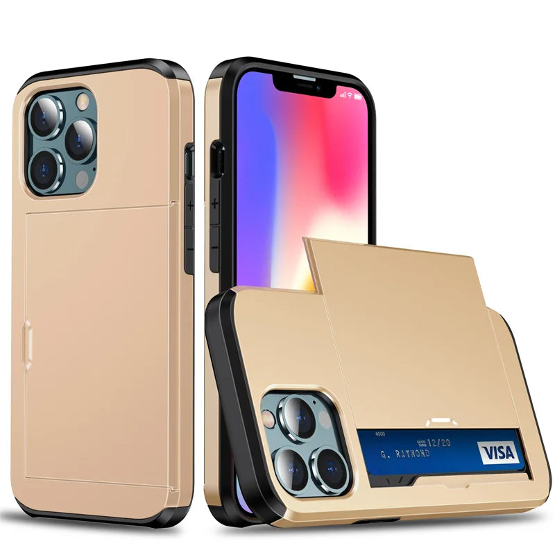 Case For iPhone 16e 15 14 13 12 11 16 Pro Max Mini XS XR 7 8 Plus SE Slide Wallet Card Slot Hard PC Heavy Duty Protective Cover