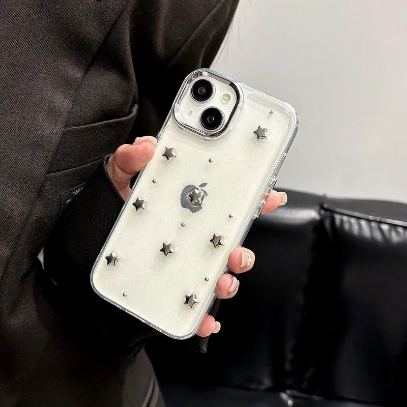 Cute 3D Metal Bowknot Star Phone Case For iPhone 15 Plus 11 12 13 14 Pro Max XR XS Max Epoxy Glitter Shell Girl Clear Soft Cover