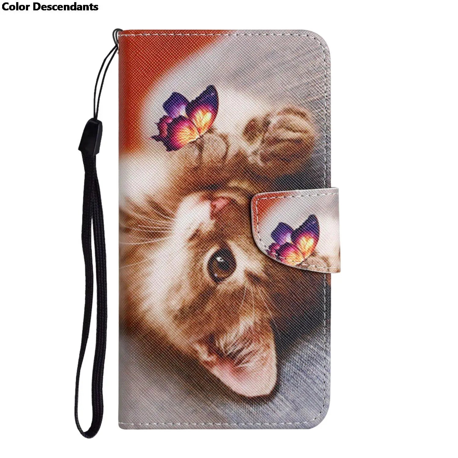 Painted Leather Case For iPhone 12 13 Pro Max mini SE 2020 15 Flip Wallet Card Slot Holder Phone Book Cover Flower Butterfly Cat