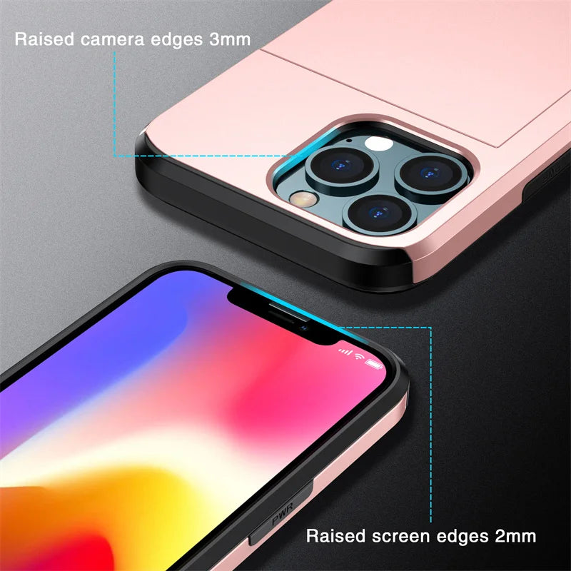 Case For iPhone 16e 15 14 13 12 11 16 Pro Max Mini XS XR 7 8 Plus SE Slide Wallet Card Slot Hard PC Heavy Duty Protective Cover
