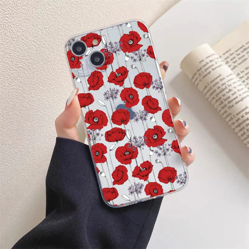 Poppy Flower Bloom Hot Red Clear Case For  iPhone 15 11 14 Pro Max 12 13 Pro Max Mini XS X XR SE 2020 7 8 Plus Transparent Cover