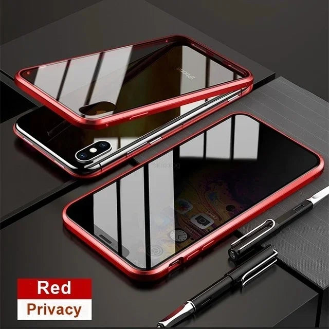 Magnetic tempered glass privacy metal case for iPhone 16 15 14 13 12 XR 11 pro Max 7 8 plus 360 magnet antispy protective cover