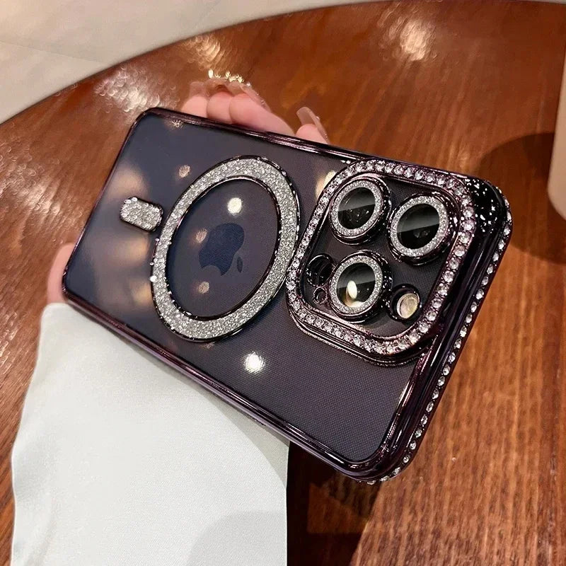 New Fashion Glitter Diamond Transparent Case For iPhone 16 15 14 13 17 12 Pro Max 16 Plus Magnetic Wireless Charge Bumper Cover