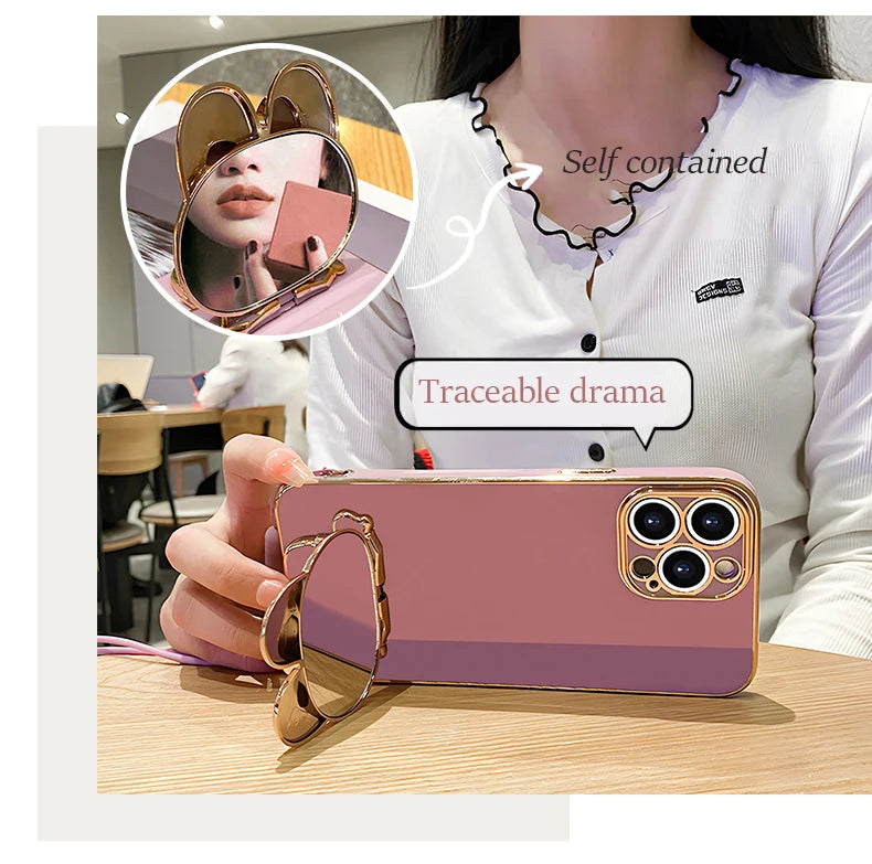 Mirror Rabbit Strap Plating Case For iPhone 14 11 12 13 Pro Max 13 12 Mini 11 12 13 14 7 6 6S Plus X Xr Xs Max SE 2020 Cover