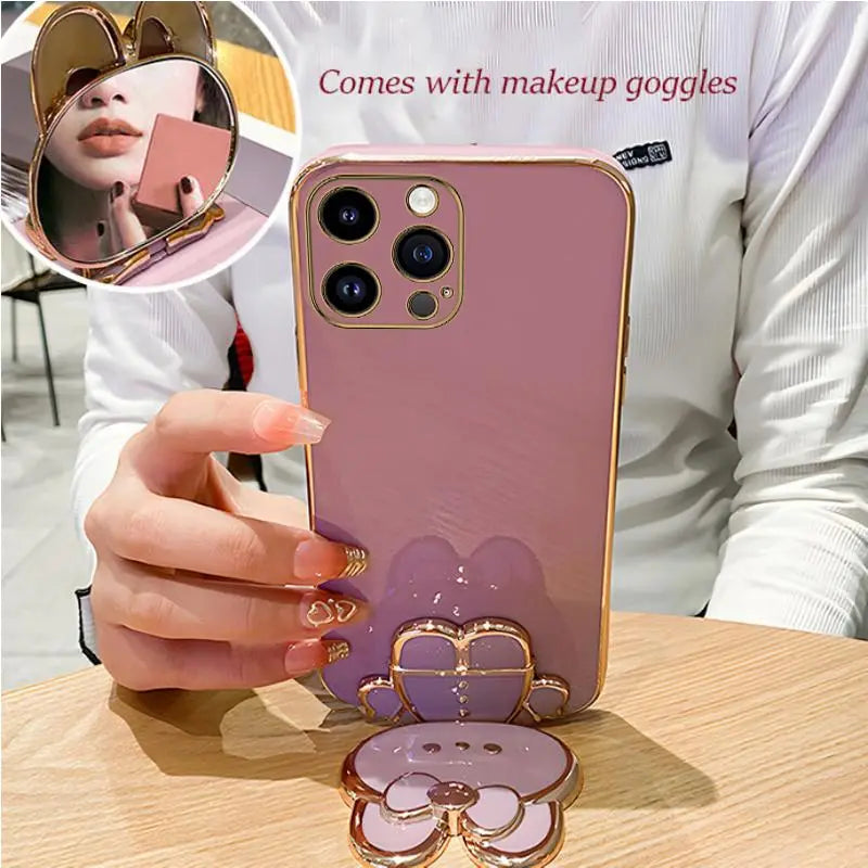 Mirror Rabbit Strap Plating Case For iPhone 14 11 12 13 Pro Max 13 12 Mini 11 12 13 14 7 6 6S Plus X Xr Xs Max SE 2020 Cover