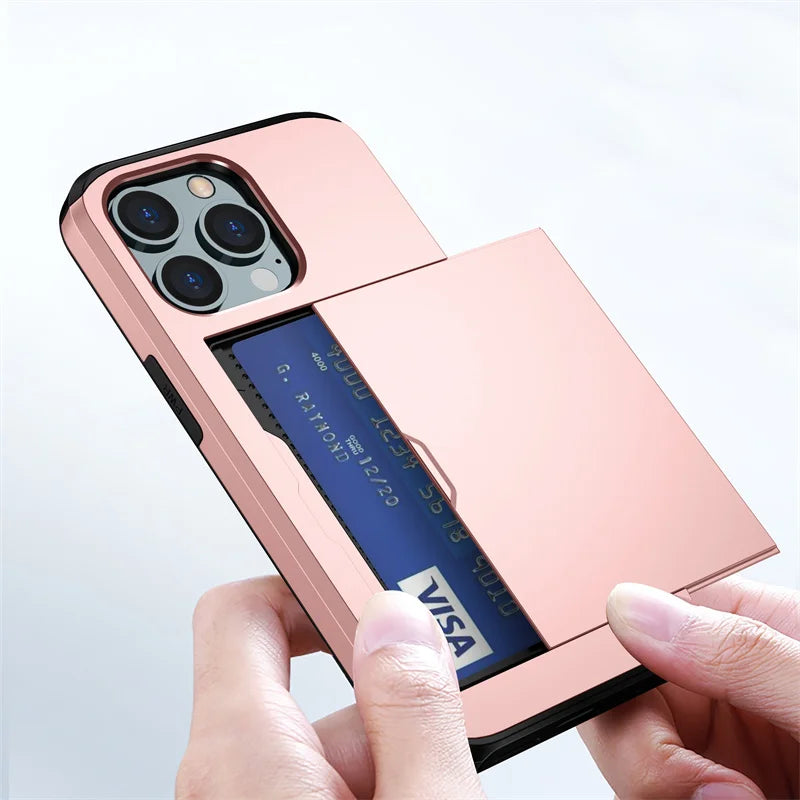 Case For iPhone 16e 15 14 13 12 11 16 Pro Max Mini XS XR 7 8 Plus SE Slide Wallet Card Slot Hard PC Heavy Duty Protective Cover