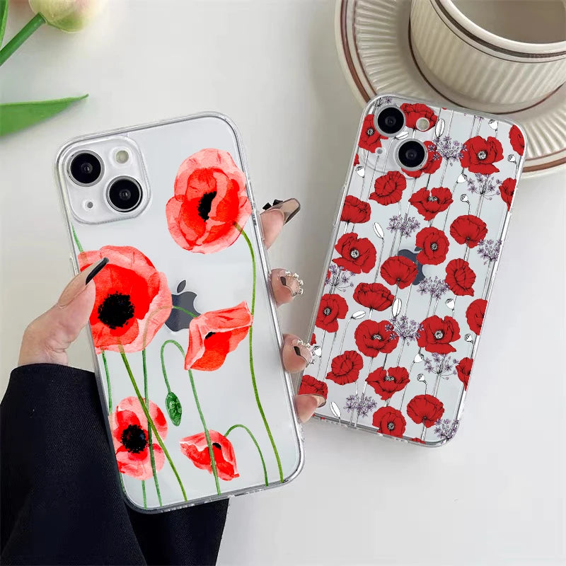 Poppy Flower Bloom Hot Red Clear Case For  iPhone 15 11 14 Pro Max 12 13 Pro Max Mini XS X XR SE 2020 7 8 Plus Transparent Cover