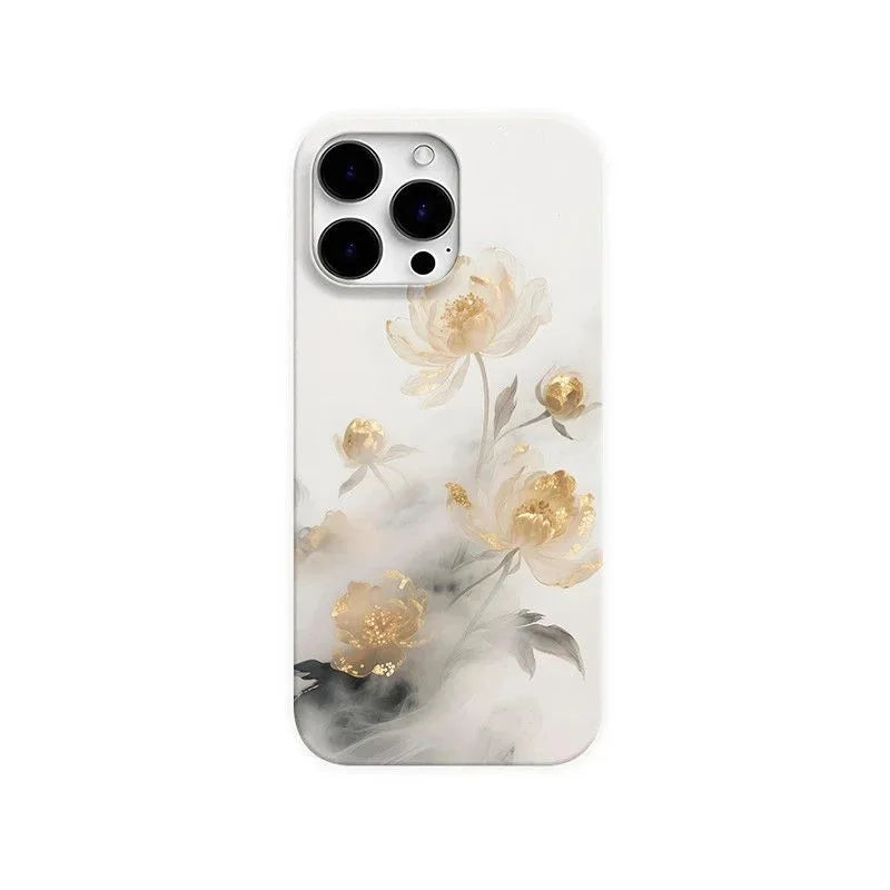 Elegant Golden Floral and Ink-style Pattern Phone Case for iPhone 17 16 15 14 11 12 13 Pro Max Air Plus Back Cover