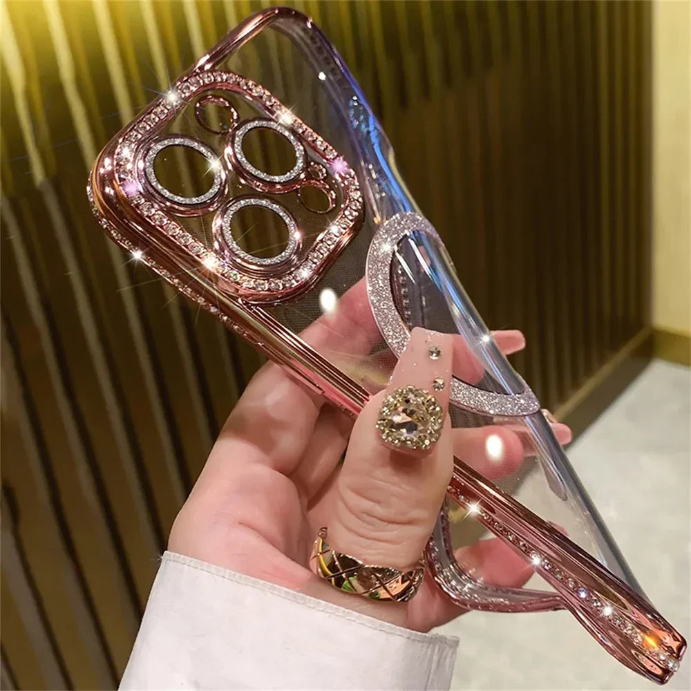 New Fashion Glitter Diamond Transparent Case For iPhone 16 15 14 13 17 12 Pro Max 16 Plus Magnetic Wireless Charge Bumper Cover