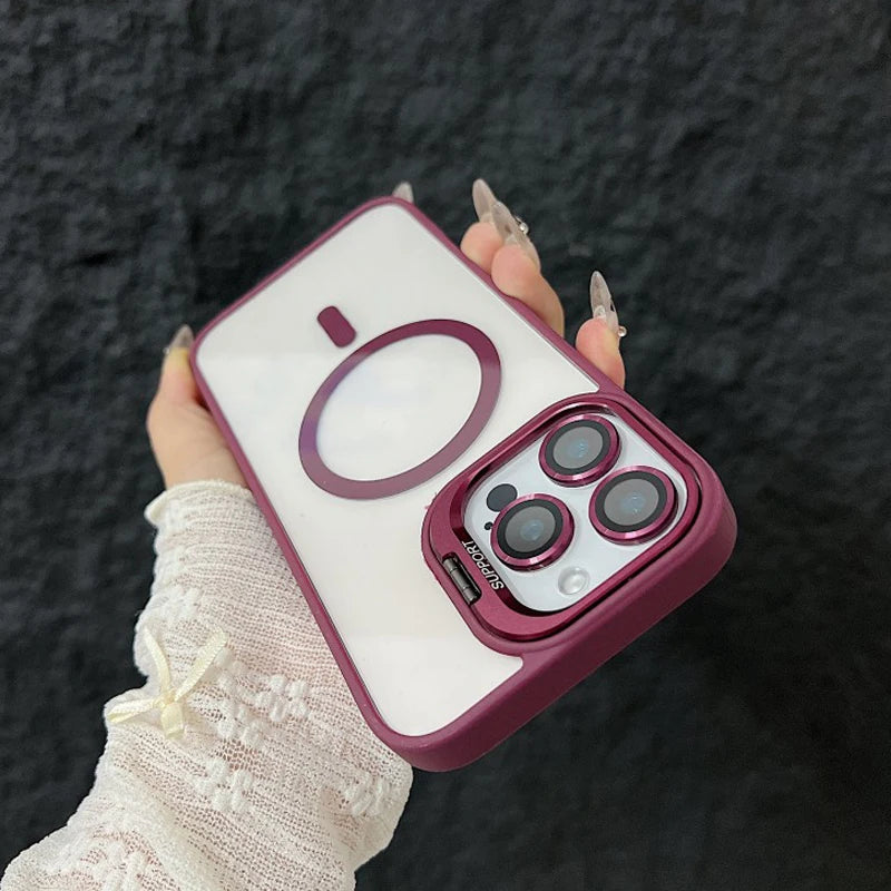 Luxury Magnetic Shockproof Phone Case For iPhone 15 14 13 12 11 16 17 Pro Max Plus 16E Funda Stand Glass Lens Protection Cover
