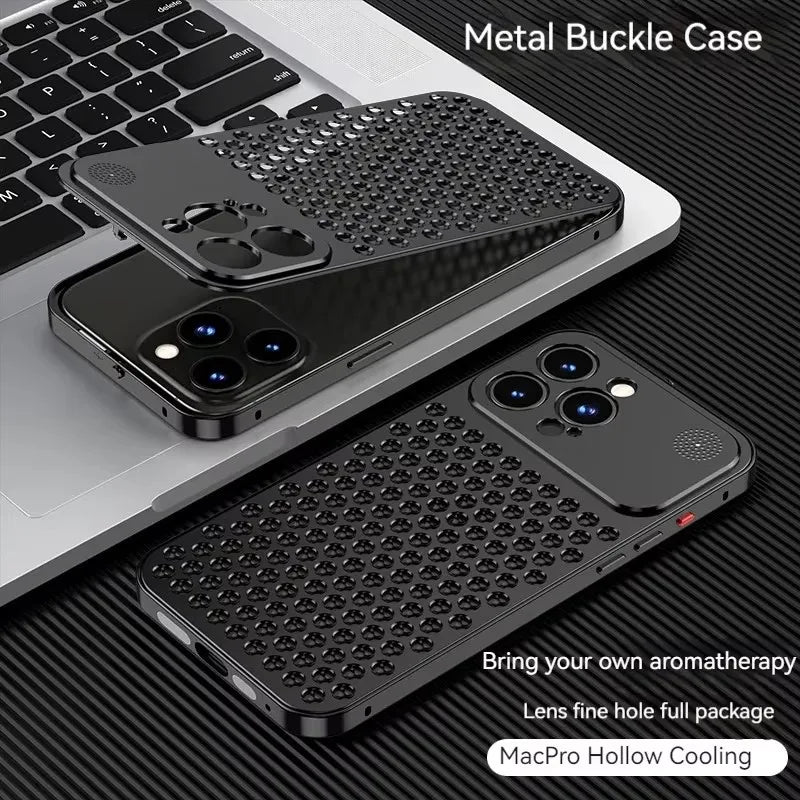 Metal aluminium Hollow Cooling Phone Case for iPhone 14 13 12 16 Pro Max 15 16 Plus Aromatherapy Diffuser Detachable Rear Cover