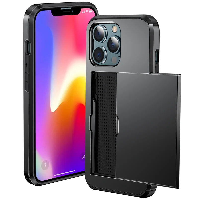 Case For iPhone 16e 15 14 13 12 11 16 Pro Max Mini XS XR 7 8 Plus SE Slide Wallet Card Slot Hard PC Heavy Duty Protective Cover