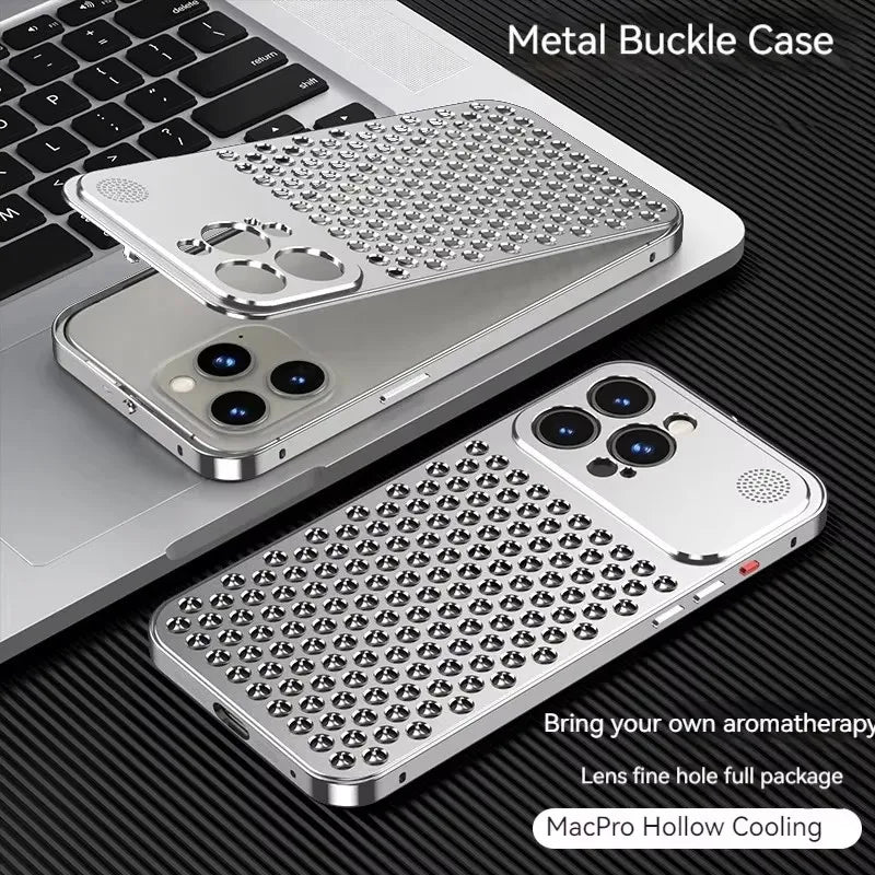 Metal aluminium Hollow Cooling Phone Case for iPhone 14 13 12 16 Pro Max 15 16 Plus Aromatherapy Diffuser Detachable Rear Cover