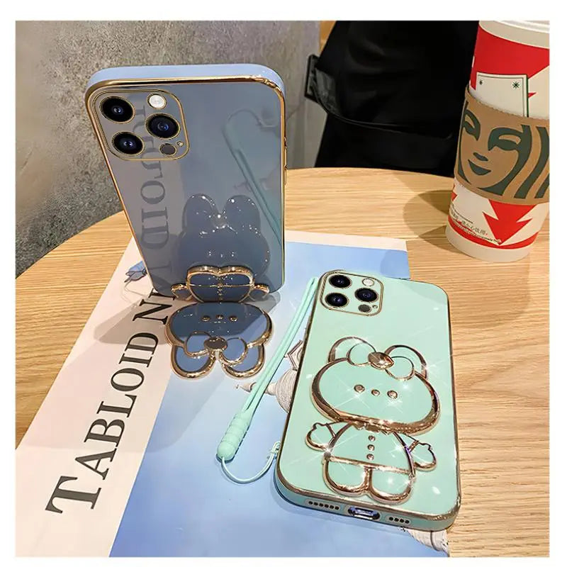 Mirror Rabbit Strap Plating Case For iPhone 14 11 12 13 Pro Max 13 12 Mini 11 12 13 14 7 6 6S Plus X Xr Xs Max SE 2020 Cover
