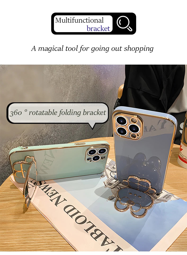 Mirror Rabbit Strap Plating Case For iPhone 14 11 12 13 Pro Max 13 12 Mini 11 12 13 14 7 6 6S Plus X Xr Xs Max SE 2020 Cover