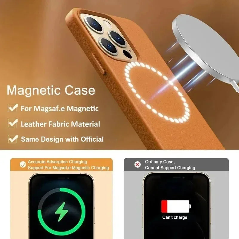 Luxury MagSafe Case for Apple iPhone 17 Pro Max 16 13 12 14 15 Plus Leather Official Style MacSafe Magnetic i Phone Cover Etui