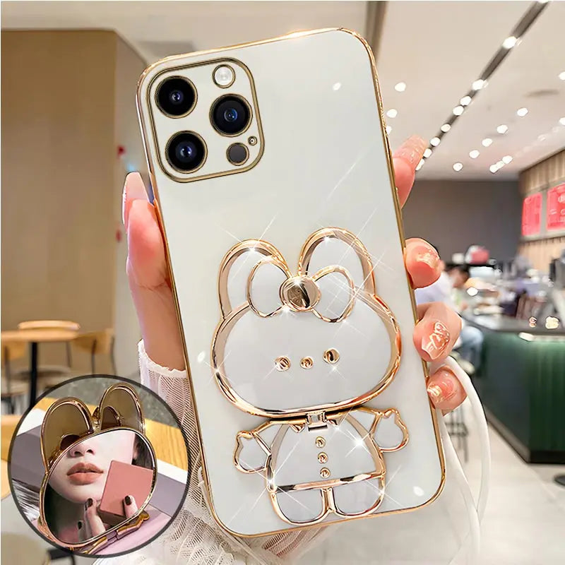 Mirror Rabbit Strap Plating Case For iPhone 14 11 12 13 Pro Max 13 12 Mini 11 12 13 14 7 6 6S Plus X Xr Xs Max SE 2020 Cover