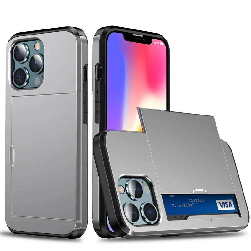 Case For iPhone 16e 15 14 13 12 11 16 Pro Max Mini XS XR 7 8 Plus SE Slide Wallet Card Slot Hard PC Heavy Duty Protective Cover