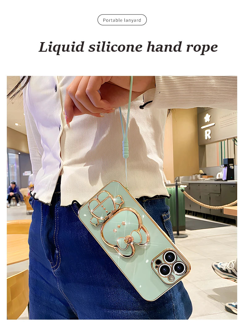 Mirror Rabbit Strap Plating Case For iPhone 14 11 12 13 Pro Max 13 12 Mini 11 12 13 14 7 6 6S Plus X Xr Xs Max SE 2020 Cover