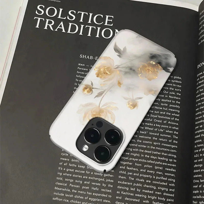 Elegant Golden Floral and Ink-style Pattern Phone Case for iPhone 17 16 15 14 11 12 13 Pro Max Air Plus Back Cover