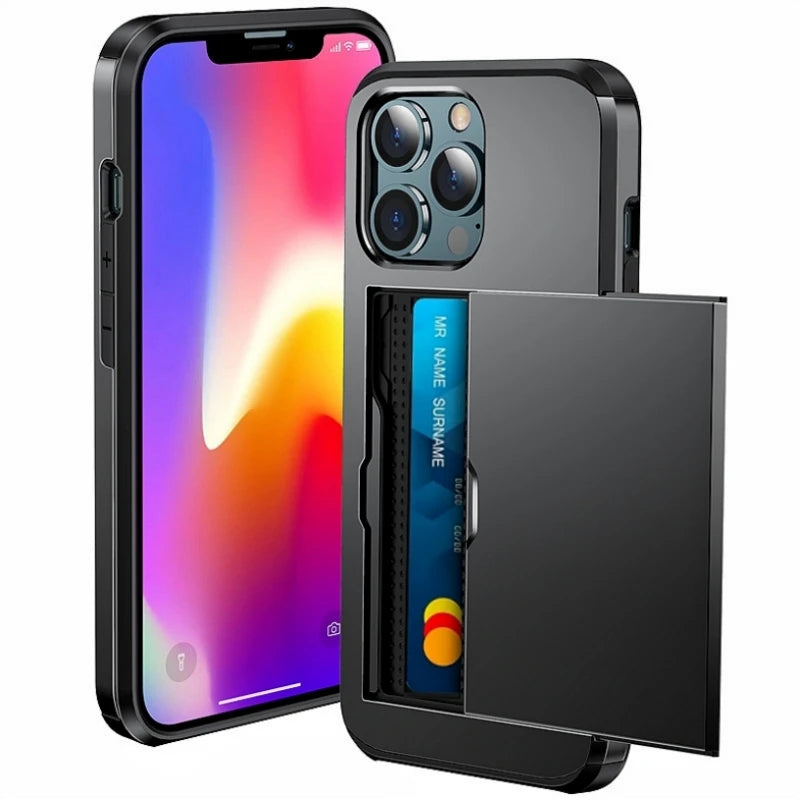 Case For iPhone 16e 15 14 13 12 11 16 Pro Max Mini XS XR 7 8 Plus SE Slide Wallet Card Slot Hard PC Heavy Duty Protective Cover