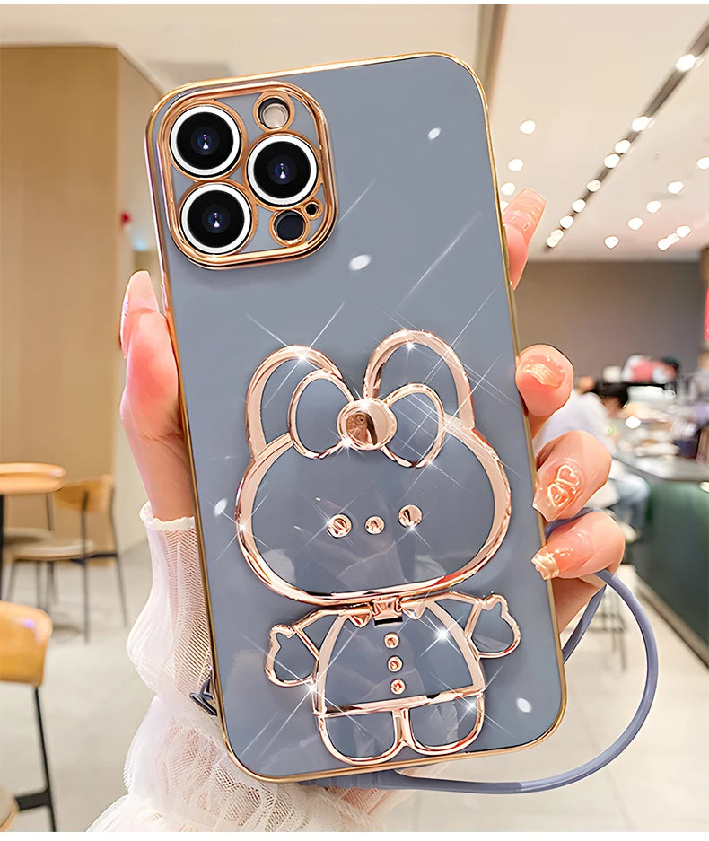 Mirror Rabbit Strap Plating Case For iPhone 14 11 12 13 Pro Max 13 12 Mini 11 12 13 14 7 6 6S Plus X Xr Xs Max SE 2020 Cover
