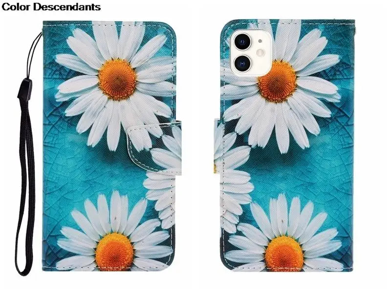 Painted Leather Case For iPhone 12 13 Pro Max mini SE 2020 15 Flip Wallet Card Slot Holder Phone Book Cover Flower Butterfly Cat