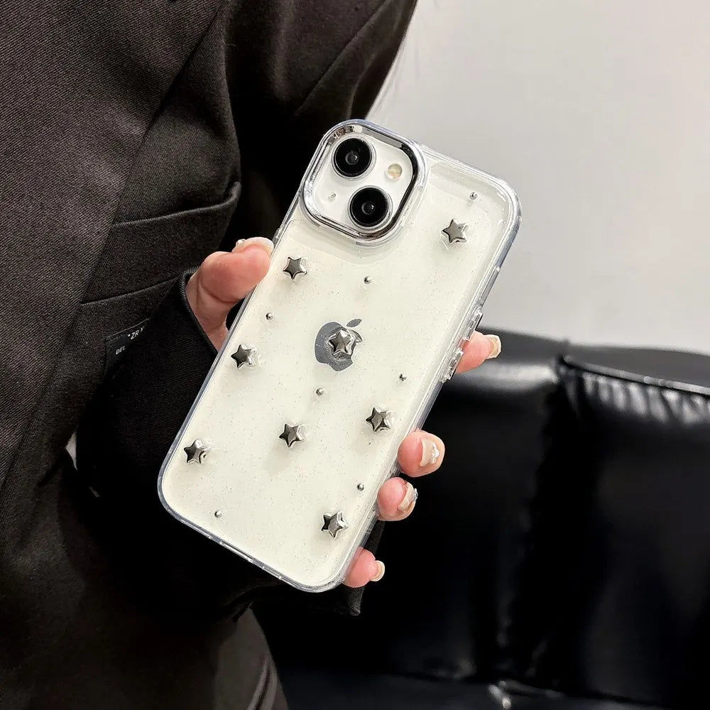 Cute 3D Metal Bowknot Star Phone Case For iPhone 15 Plus 11 12 13 14 Pro Max XR XS Max Epoxy Glitter Shell Girl Clear Soft Cover