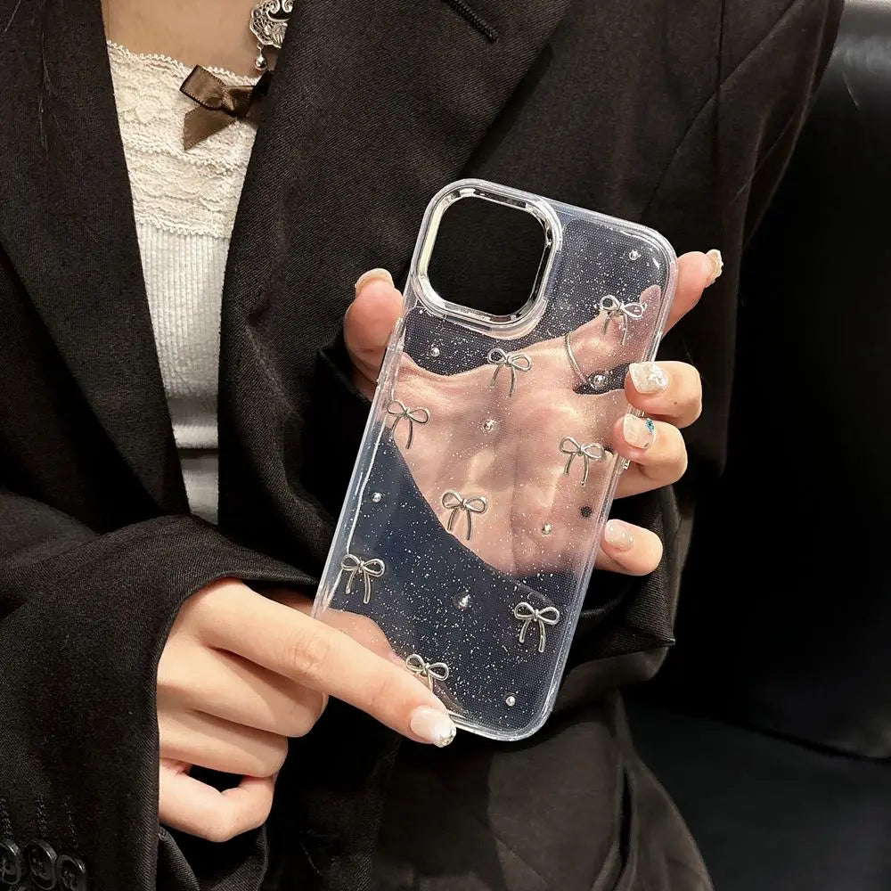 Cute 3D Metal Bowknot Star Phone Case For iPhone 15 Plus 11 12 13 14 Pro Max XR XS Max Epoxy Glitter Shell Girl Clear Soft Cover