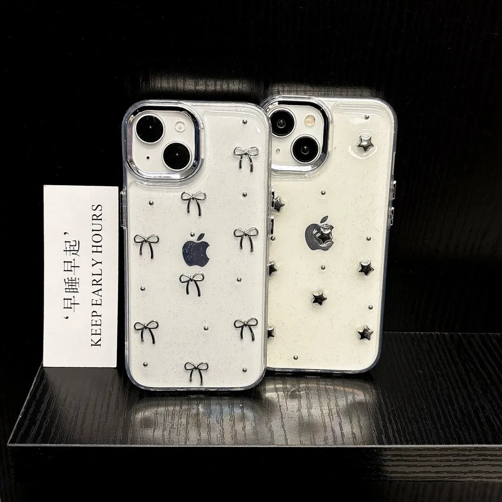 Cute 3D Metal Bowknot Star Phone Case For iPhone 15 Plus 11 12 13 14 Pro Max XR XS Max Epoxy Glitter Shell Girl Clear Soft Cover