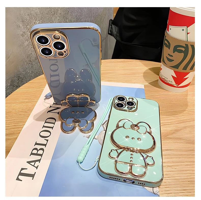 Mirror Rabbit Strap Plating Case For iPhone 14 11 12 13 Pro Max 13 12 Mini 11 12 13 14 7 6 6S Plus X Xr Xs Max SE 2020 Cover