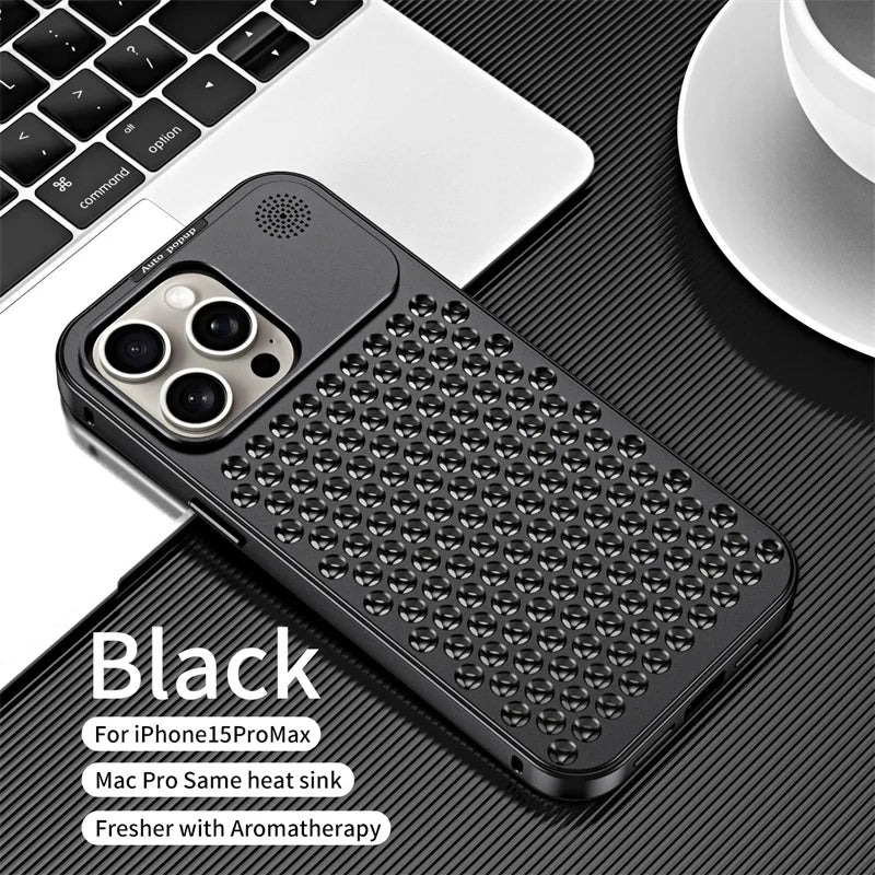 Metal aluminium Hollow Cooling Phone Case for iPhone 14 13 12 16 Pro Max 15 16 Plus Aromatherapy Diffuser Detachable Rear Cover