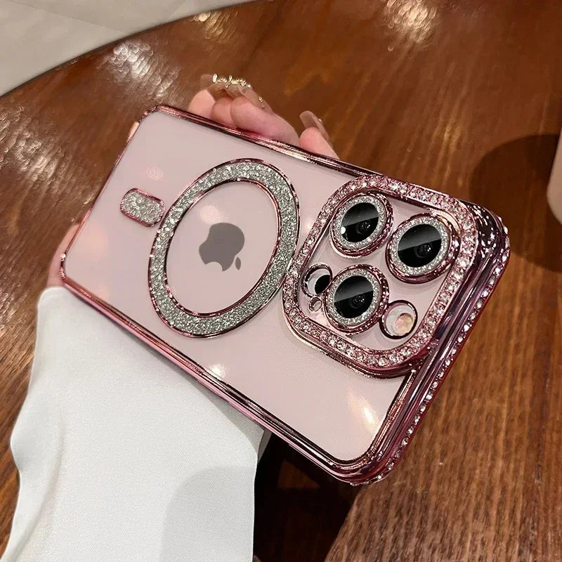 New Fashion Glitter Diamond Transparent Case For iPhone 16 15 14 13 17 12 Pro Max 16 Plus Magnetic Wireless Charge Bumper Cover