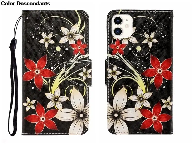 Painted Leather Case For iPhone 12 13 Pro Max mini SE 2020 15 Flip Wallet Card Slot Holder Phone Book Cover Flower Butterfly Cat