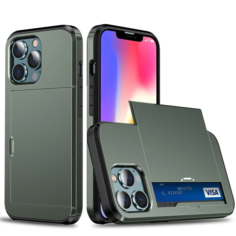 Case For iPhone 16e 15 14 13 12 11 16 Pro Max Mini XS XR 7 8 Plus SE Slide Wallet Card Slot Hard PC Heavy Duty Protective Cover