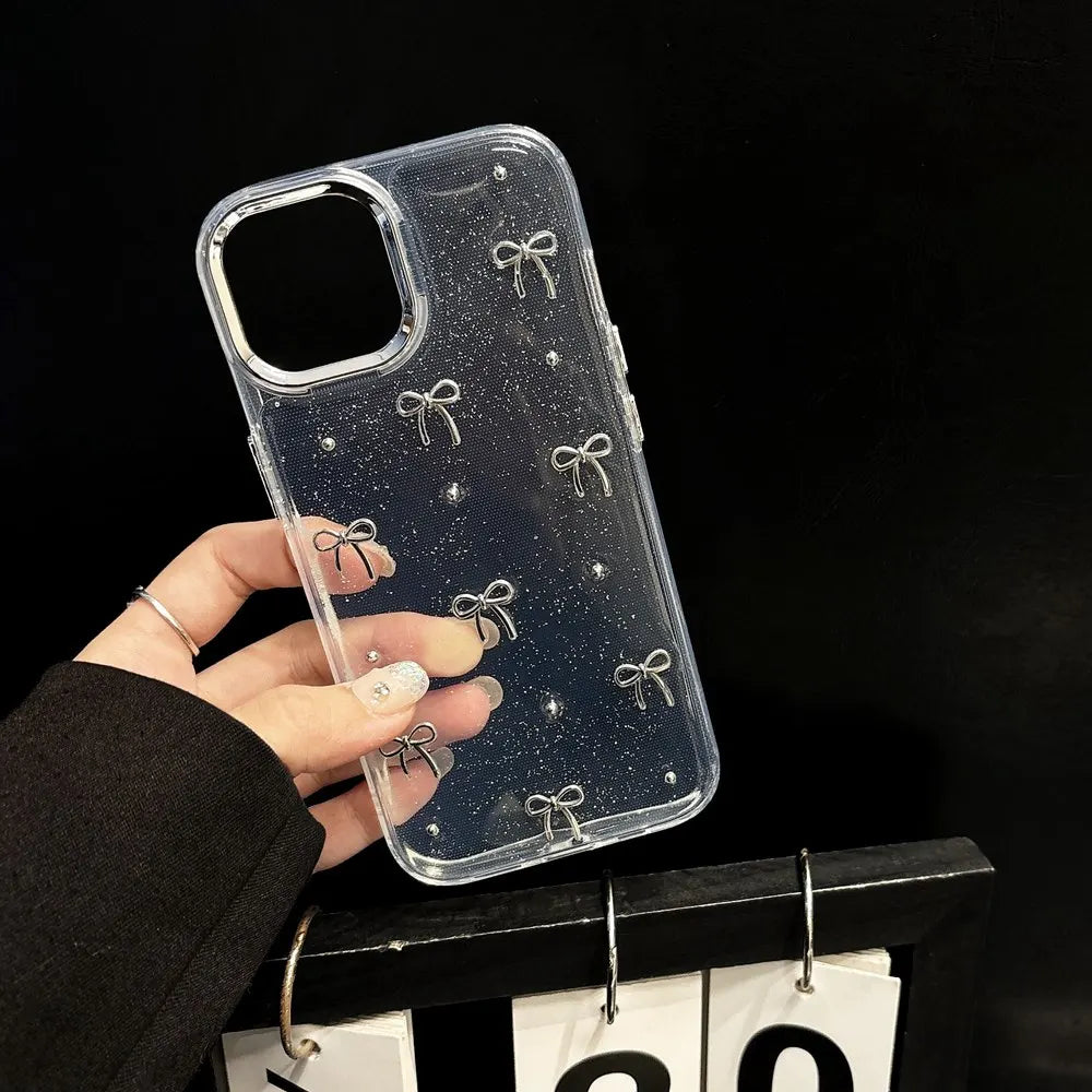 Cute 3D Metal Bowknot Star Phone Case For iPhone 15 Plus 11 12 13 14 Pro Max XR XS Max Epoxy Glitter Shell Girl Clear Soft Cover