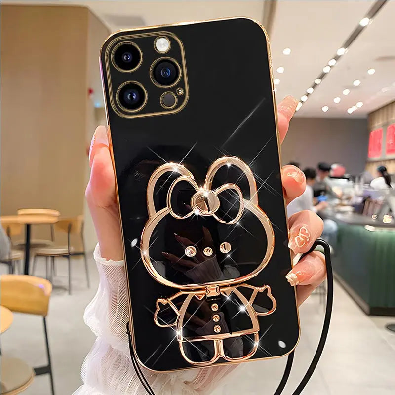 Mirror Rabbit Strap Plating Case For iPhone 14 11 12 13 Pro Max 13 12 Mini 11 12 13 14 7 6 6S Plus X Xr Xs Max SE 2020 Cover