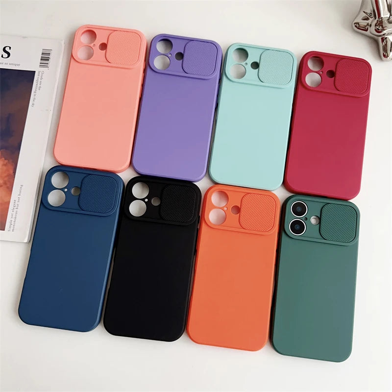 Slide Camera Lens Protection Case For iPhone 16 15 14 Plus 13 12 11 Pro X XS XR Max 8 7 Shockproof Bumper Soft Silicone Cover