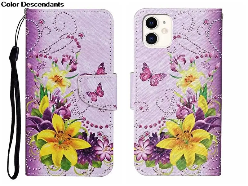Painted Leather Case For iPhone 12 13 Pro Max mini SE 2020 15 Flip Wallet Card Slot Holder Phone Book Cover Flower Butterfly Cat