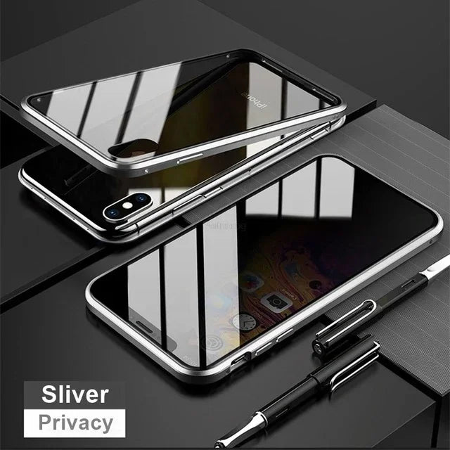 Magnetic tempered glass privacy metal case for iPhone 16 15 14 13 12 XR 11 pro Max 7 8 plus 360 magnet antispy protective cover