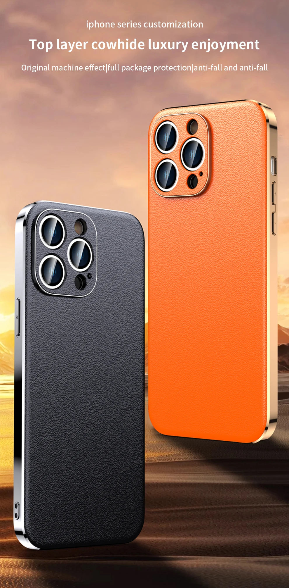 Genuine Cowhide Leather Phone Case for iPhone 16 14 11 12 13 15 Pro Max Plus 16Pro Luxury Plating Full Lens Protection Cover