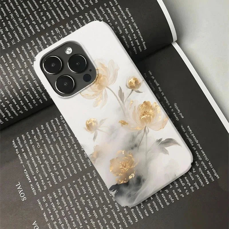Elegant Golden Floral and Ink-style Pattern Phone Case for iPhone 17 16 15 14 11 12 13 Pro Max Air Plus Back Cover