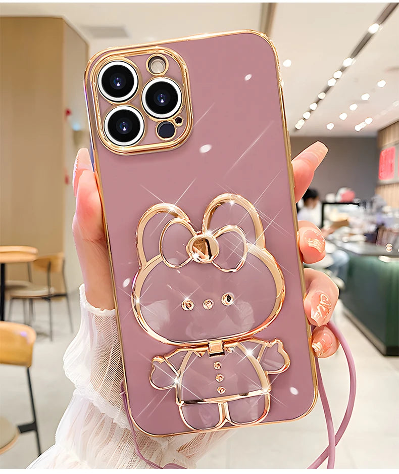 Mirror Rabbit Strap Plating Case For iPhone 14 11 12 13 Pro Max 13 12 Mini 11 12 13 14 7 6 6S Plus X Xr Xs Max SE 2020 Cover