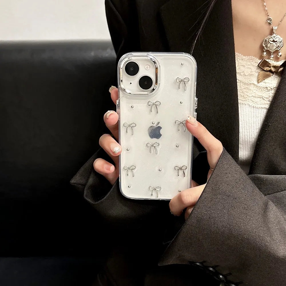 Cute 3D Metal Bowknot Star Phone Case For iPhone 15 Plus 11 12 13 14 Pro Max XR XS Max Epoxy Glitter Shell Girl Clear Soft Cover