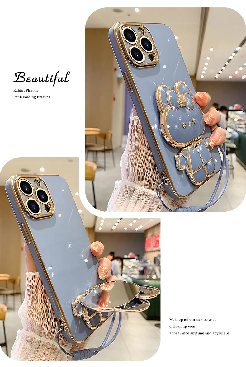 Mirror Rabbit Strap Plating Case For iPhone 14 11 12 13 Pro Max 13 12 Mini 11 12 13 14 7 6 6S Plus X Xr Xs Max SE 2020 Cover