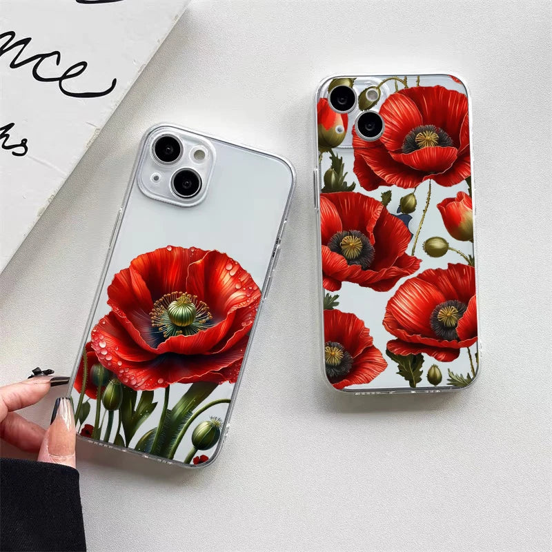 Poppy Flower Bloom Hot Red Clear Case For  iPhone 15 11 14 Pro Max 12 13 Pro Max Mini XS X XR SE 2020 7 8 Plus Transparent Cover