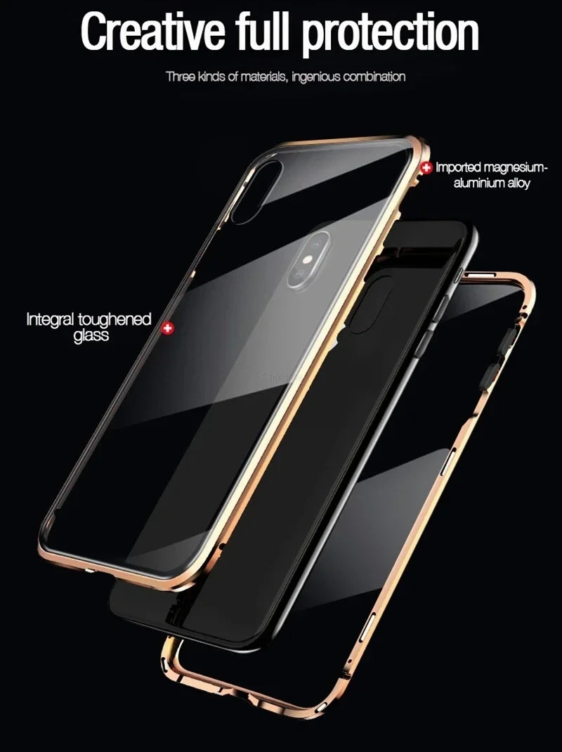 Magnetic tempered glass privacy metal case for iPhone 16 15 14 13 12 XR 11 pro Max 7 8 plus 360 magnet antispy protective cover