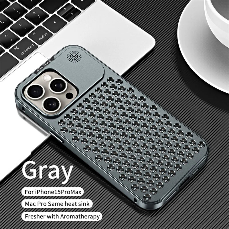 Metal aluminium Hollow Cooling Phone Case for iPhone 14 13 12 16 Pro Max 15 16 Plus Aromatherapy Diffuser Detachable Rear Cover