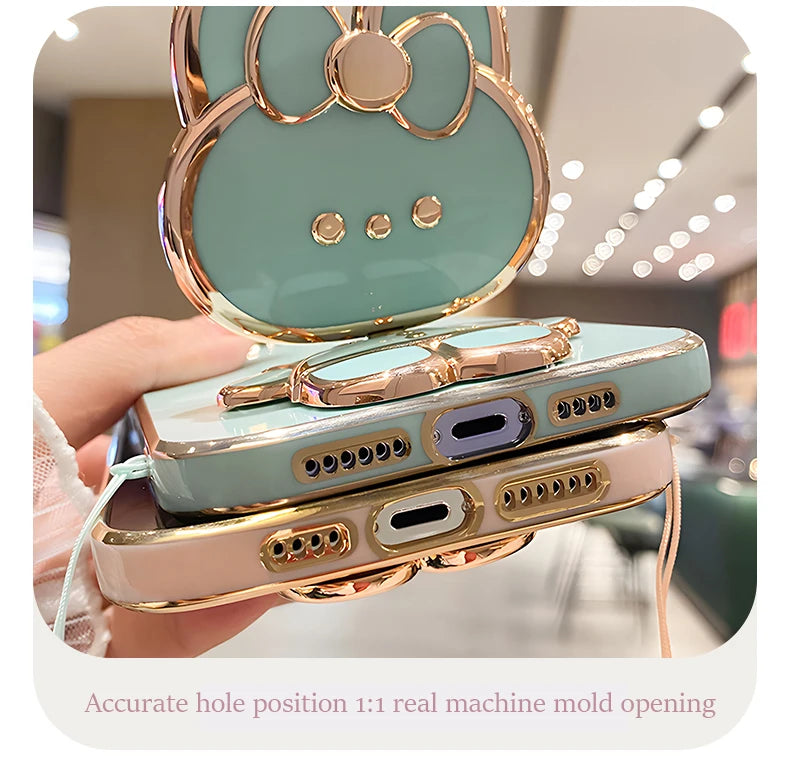 Mirror Rabbit Strap Plating Case For iPhone 14 11 12 13 Pro Max 13 12 Mini 11 12 13 14 7 6 6S Plus X Xr Xs Max SE 2020 Cover