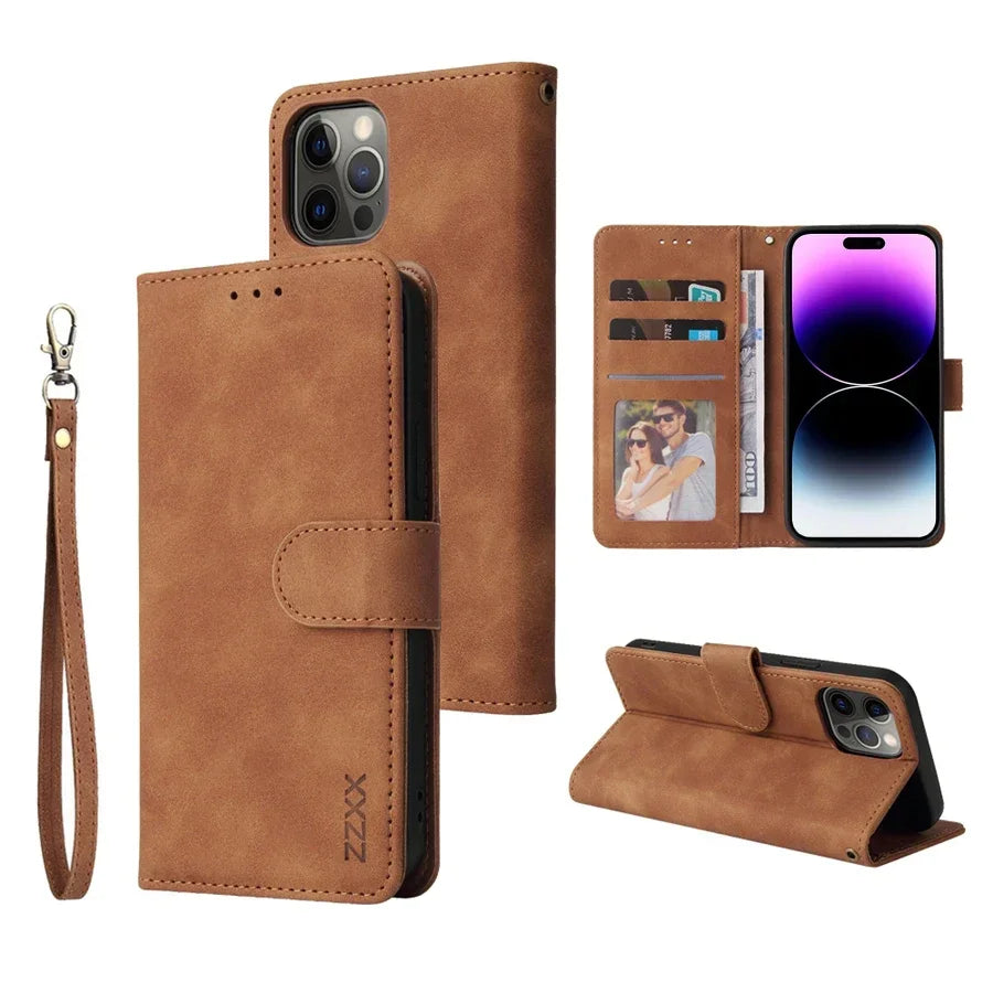 ZZXX Leather Wallet Phone Case For iPhone 16e 16 Pro Max 15 14 13 Mini 12 11 X XS XR SE2 8 7 6s Plus Flip Card Slot Holder Cover